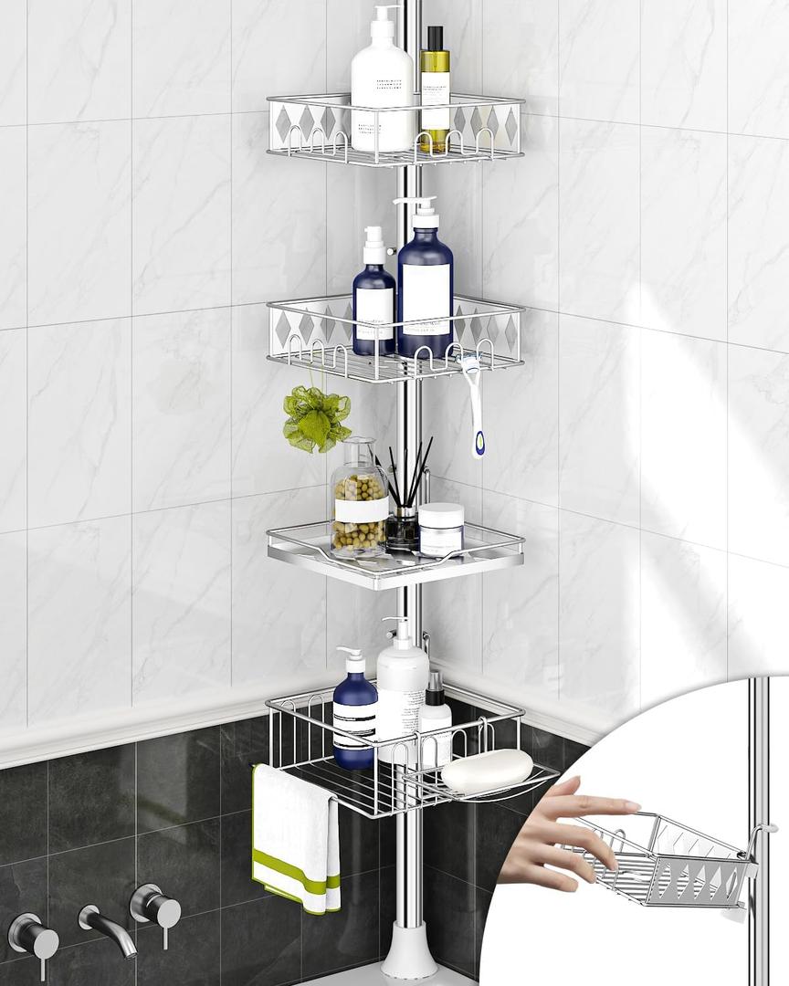 SElRIONE Corner Shower Caddy Tension Pole, Quick Setup, Rust-Free Bathroom Shower Organizer Corner for Bathtub Shampoo Storage, 4-Tier Adjustable Shelf, Drill Free, Fits 34 to 116 Inch Height (Silver)