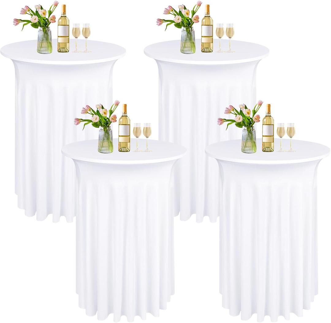 4 Pack Round Cocktail Table Skirts 32 x 43 Inch White Spandex Stretch Cocktail Tablecloth with Wavy Drapes Stretch Fitted Round High Top Table Covers for Wedding Bar Party Banquet