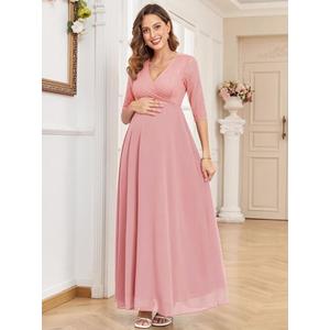 3/4 Sleeve Maternity Dress Leaf Lace Contrast Chiffon V Neck Wrap A Line Flowy Pregnancy Dresses for Baby Shower, M