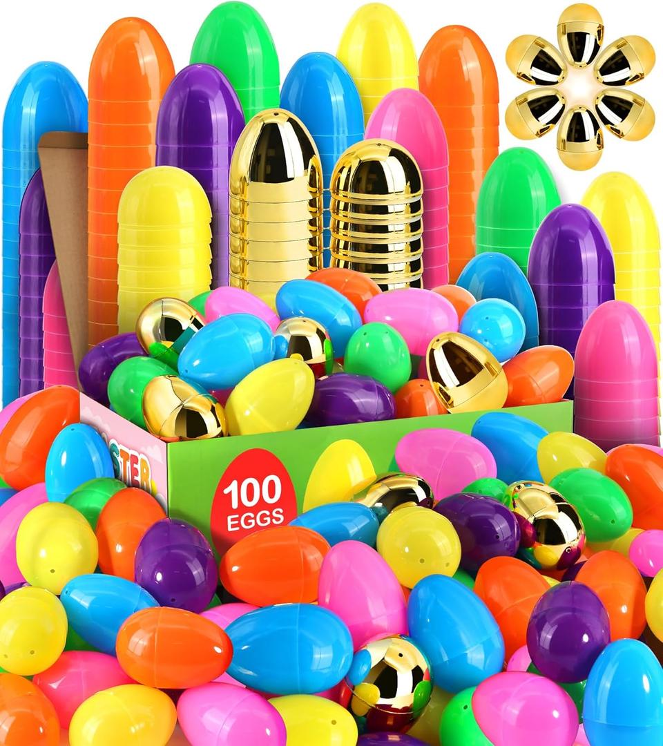 [ 6 Surprise Gold Eggs ] 100 Pcs Easter Eggs, 3" Bright Colors Empty Plastic Eggs Bulks Fillable for Easter Hunt, Party Favor, Basket Stuffers Filler, Classroom Prize Supplies, Filling Treats
