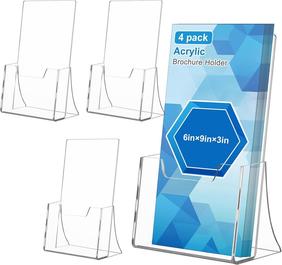 4 Pack Acrylic Brochure Holder,6 x 9 Inches Slant Back Design Transparent Tabletop Brochure Display Stand, Brochure Flyer Holder for Magazines, Brochures, Menus
