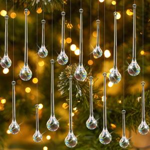 Wettarn 30 Pcs Acrylic Crystal Christmas Balls Ornaments, Clear Crystal Glass Christmas Diamond Ornaments Raindrops with Silver Thread for Hanging Decorations (Water Drop)
