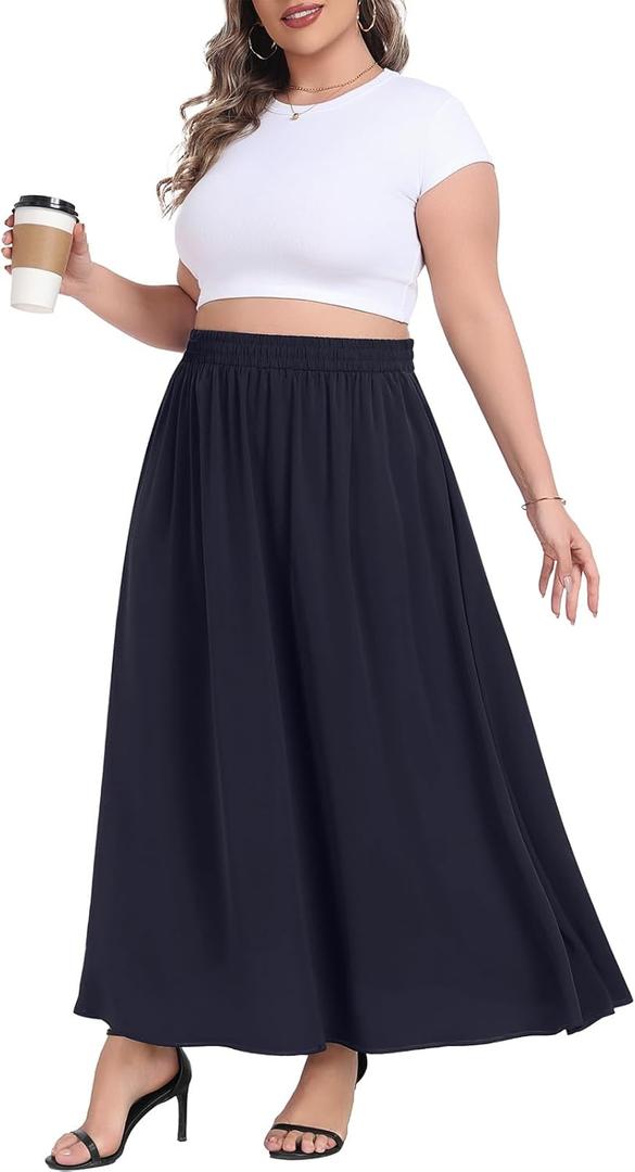 Lastshe Plus Size Maxi Skirts for Women Casual Elastic High Waisted Hide Drawstring Flowy A-line Long Skirt with Pockets (4X)
