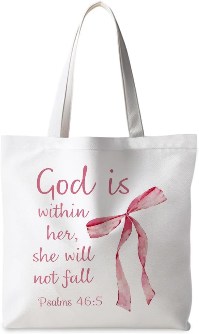 Coquette Pink Bow Christian Tote Bag, God Is Within Her She Will Not Fall Bible Canvas Tote Bags for Women, Preppy Religious Reusable Grocery Shopping Bags