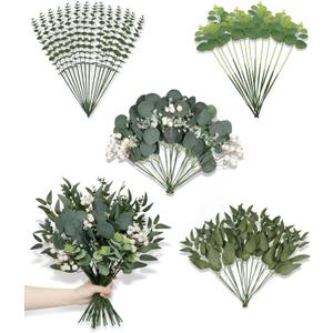 60 Pcs Mixed Artificial Eucalyptus Leaves Stems Bulk, 5Kinds Fake Greenery Silver Dollar Leaves Dried Eucalyptus Bundle with White Seeds Berry for DIY Bouquets Floral Arrangement Wedding Vase