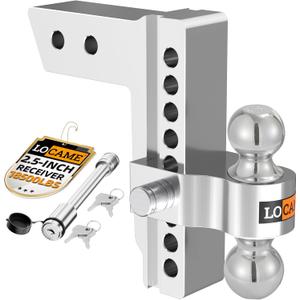 LOCAME Adjustable Trailer Hitch, Fits 2.5-Inch Receiver Only, 8-Inch Drop/Rise Aluminum Drop Hitch, 18,500 LBS GTW-Tow Hitch for Heavy Duty Truck with Double Stainless Steel Locks, Silver, LC0008
