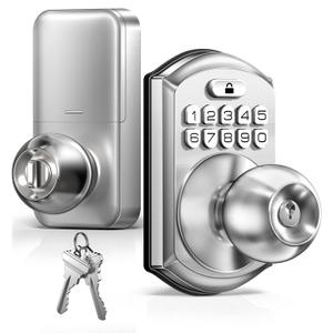 TEEHO TE003 Keyless Entry Keypad Door Lock with Handle, Electronic Digital Smart Deadbolt Locks with 2 Backup Keys, Door Knob with Code for Front Door Bedroom, Auto Lock, Easy to Install, Satin Nickel
