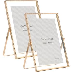 Gold 4x 6'' Floating Frame Set of 2, For Photo Sizes (2x3'', 3.5x 5'' up to 4x6'' ), Beautiful Metal Lace Edge Frames Adjustable Tabletop/Shelf Photo Frame, Classy Gift Choice for Wedding,