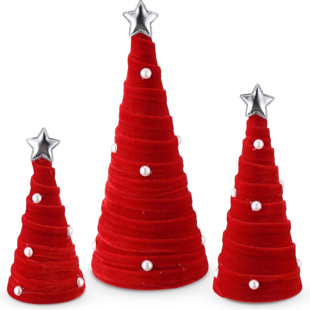 Leitee 3 Pcs Christmas Red Velvet Trees, Cone Table Decorations Modern Christmas Tabletop Centerpieces Trees Winter Decor Tree Tiered Tray with Pearls and Stars for Entryway Mantle Home Farmhouse