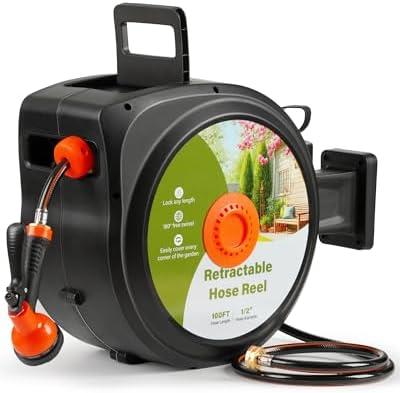 YSEAGA Retractable Garden Hose Reel 100 ft x 1/2 in,Super Heavy Duty Automatic Wall Mount Water Hoses Reels for Outdoor, Any Length Lock, Slow Return System,180° Swivel Bracket,10 Pattern Nozzle