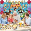 42 Pcs Toy Birthday Party Supplies Pack Includes Banner Cake Topper Blackdrop Balloons for Toy Party Supplies