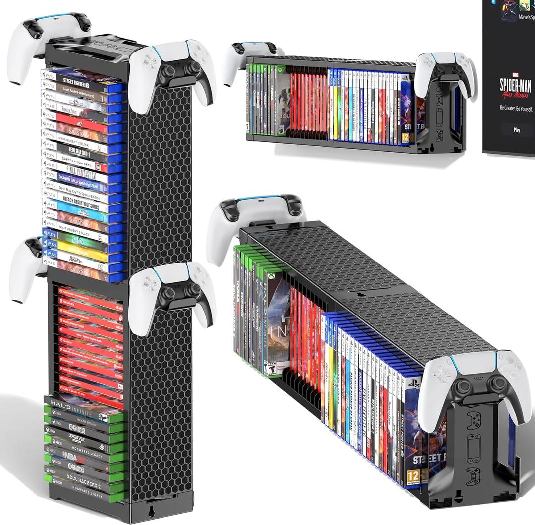 Video Game Disc Rack Tower Storage Holder Stand Universal for PS5/PS4/XBOX One/Series/NS Game, Game Organizer Shelf Display Stand for Wall Mount/Desk/Floor with Controller Holder Sega Genesis Consoles