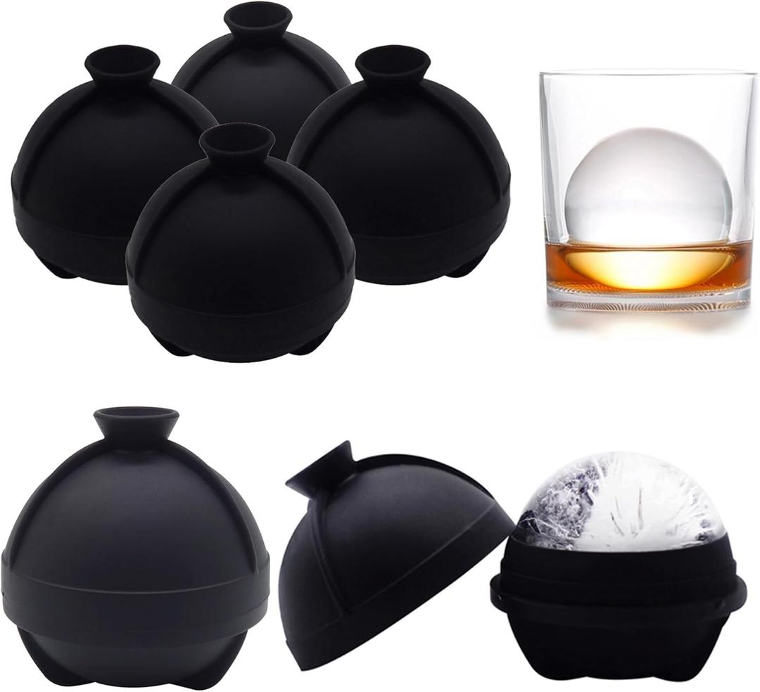Sphere Ice Molds - 6 Pack - Silicone Ice Ball Molds with Built-in Funnel - Round Ice Cube Molds - Make 2.5 Inch Big Ice Sphere for Whiskey & Cocktails,Food Grade and BPA Free, Black