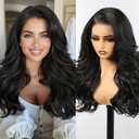 HAIRCUBE 13x6 HD Synthetic Lace Front Wig, 24 Inch Black Long Curly Layered Wigs, Natural Density Hairline Glueless Wigs for Women Daily Use