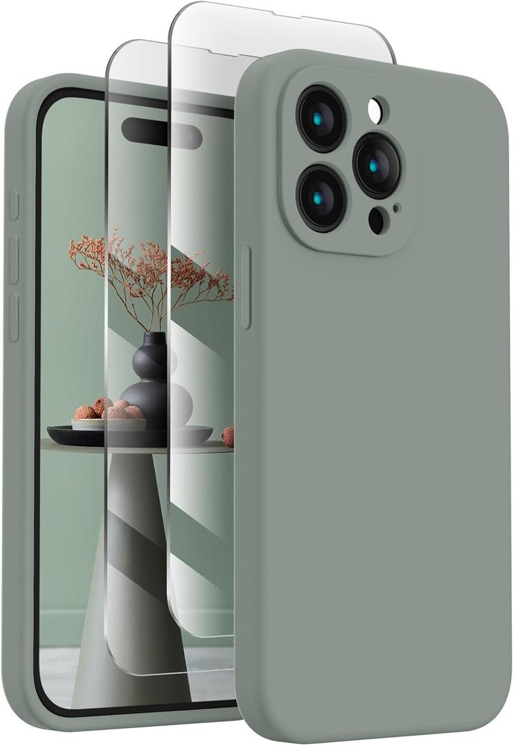 FireNova Designed for iPhone 15 Pro Case, Silicone Upgraded [Camera Protection] Phone Case with [2 Screen Protectors], Soft Anti-Scratch Microfiber Lining Inside, 6.1 inch, Calke Green