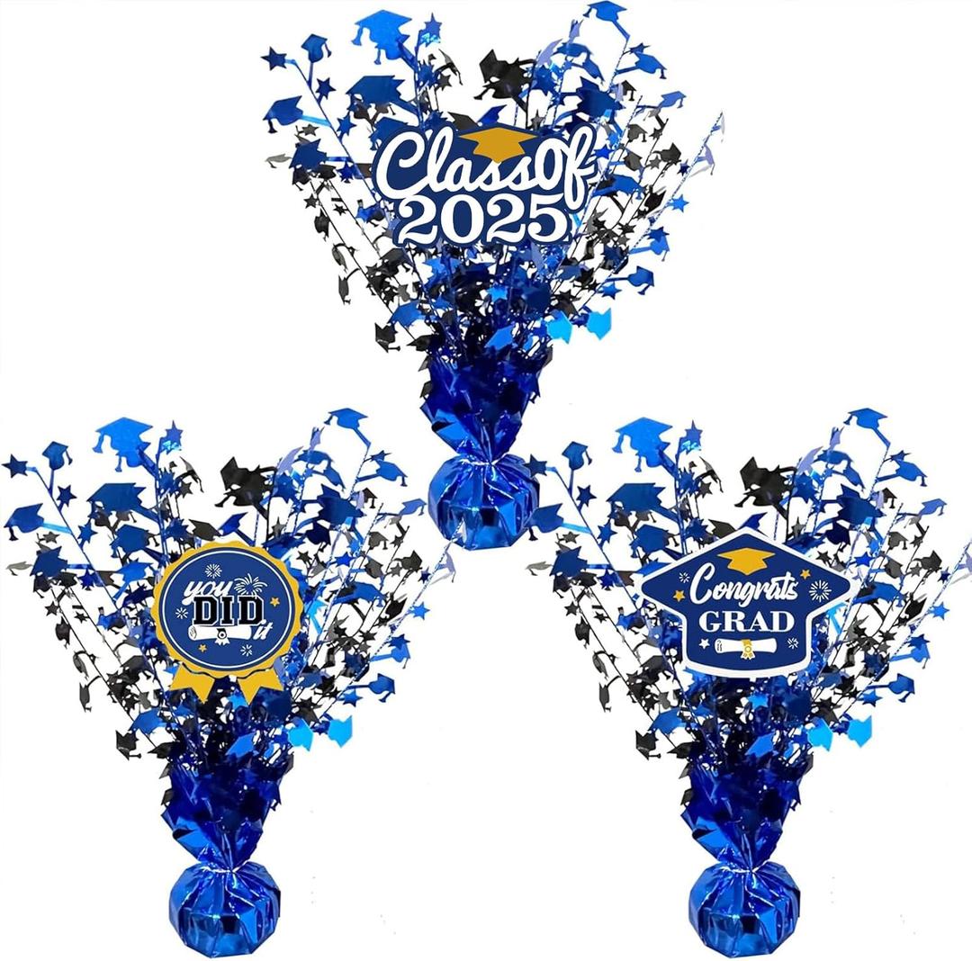 3 Pcs Graduation Table Centerpieces - Balloon Weight Centerpieces Blue Glitter Foil Graduate Cap Centerpieces for 2025 Graduation Party Table Decorations (blue)