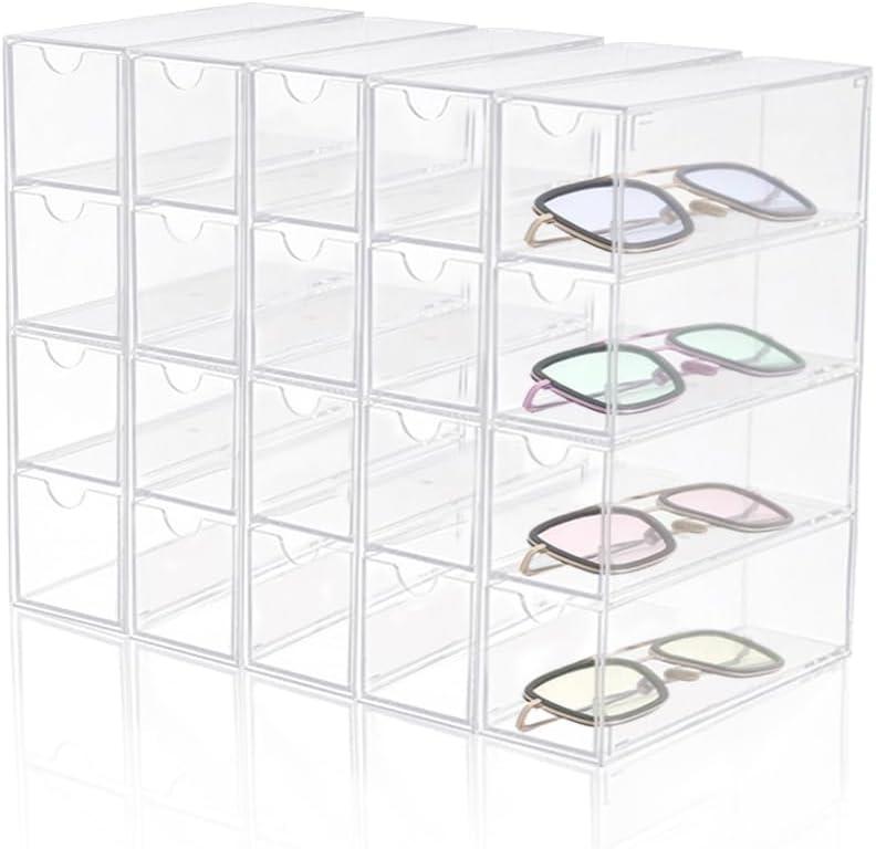 RETON 5 Sets Acrylic Sunglasses Organizers with 20 Drawers, Clear Eyeglass Holder for Glasses Display, Plastic Makeup Storage for Eyewear Watch Art Craft Cosmetic Jewelry Office Desktop