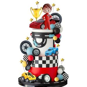 Racing Cake Toppers Racer Clay Figurines Tires Flags Cake Decorations for Truck Themed Birthday Racing Decorations Supplies