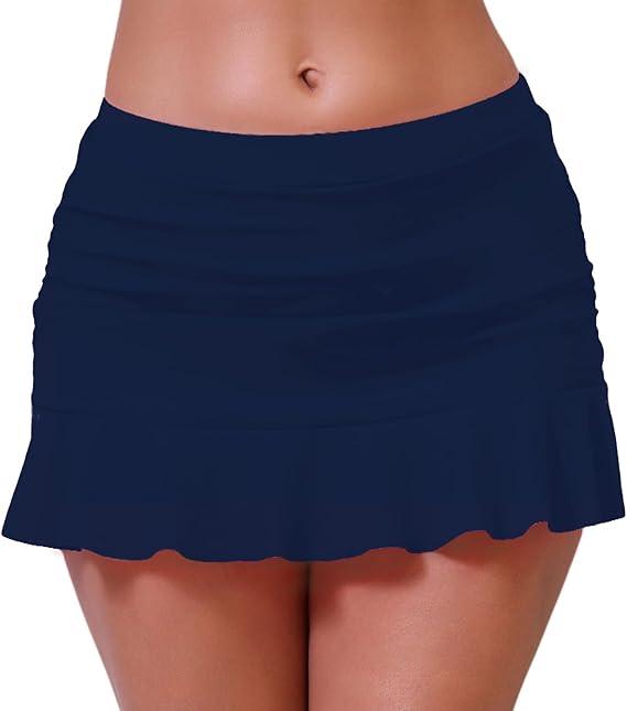 Halcurt Women's Low Waisted Ruched Ruffle Mini Swim Skirts with Hipster Bikini Bottoms Tummy Control Swimsuit (Large, Navy)