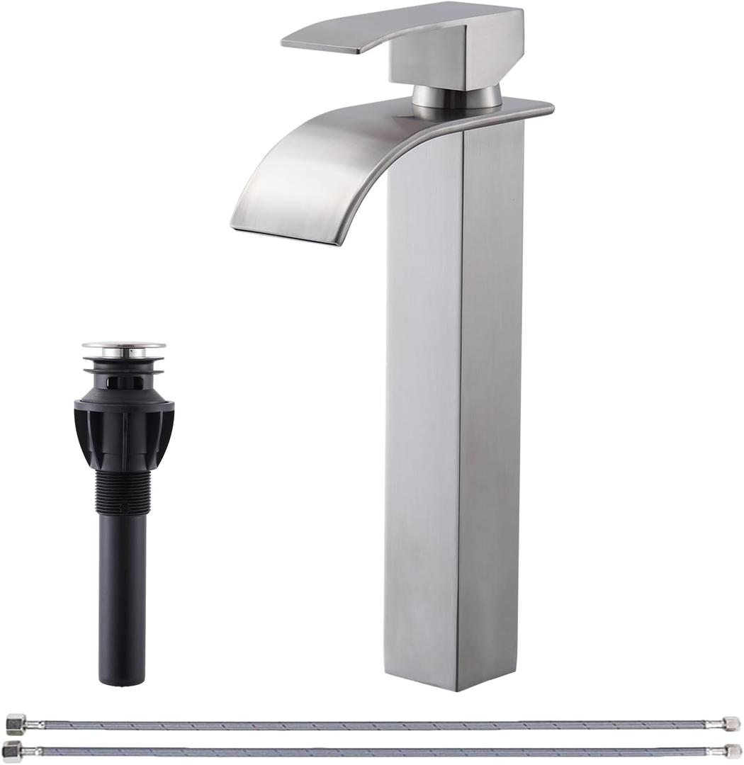 Tall Bathroom Vessel Sink Faucet, Brushed Nickel Tall Waterfall Single Handle 1 Hole Bathroom Vessel Sink, Bowl Wash Basin Lavatory Vanity Faucets with Pop-up Drain