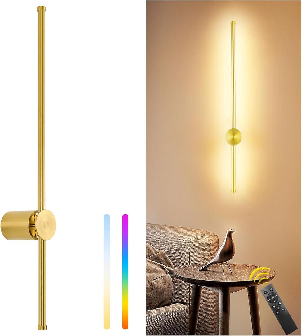 GOODATE 23.6 Inch Battery Operated Wall Sconce, 12000mAh Rechargeable Wall Sconce with Remote Control, Dimmable LED Wireless Wall Light for Bedroom, Living Room, 15 Colors, 180 Rotate, Gold, 1 Pack