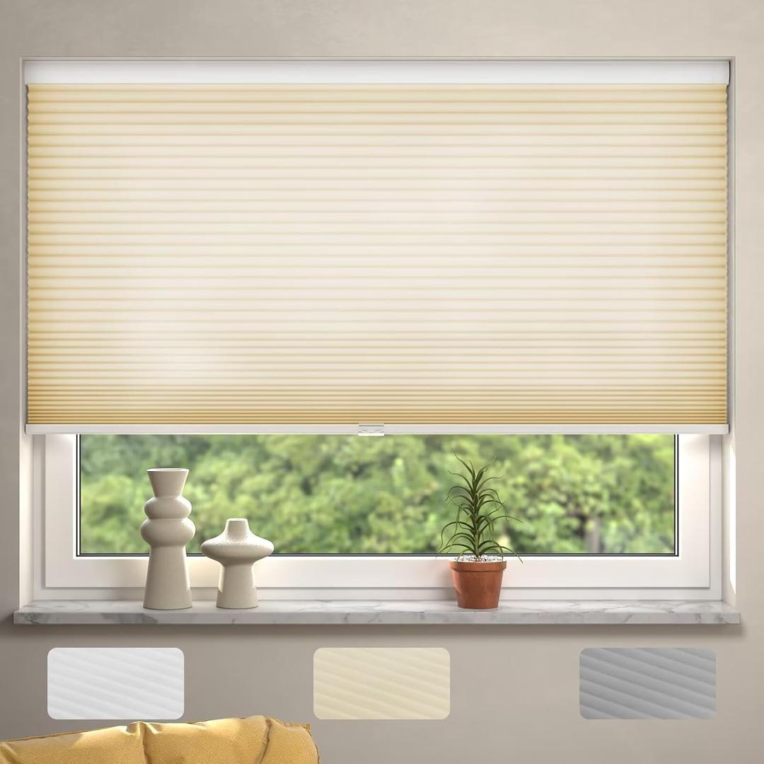 MYshade Cordless Cellular Window Shades Light Filtering Blinds for Indoor Windows 1.5 inch Honeycomb Cell Sheer Fabric Accordion Pull Down Blinds Easy Lift Easy to Install, Size 34" W X 48" H (Beige)