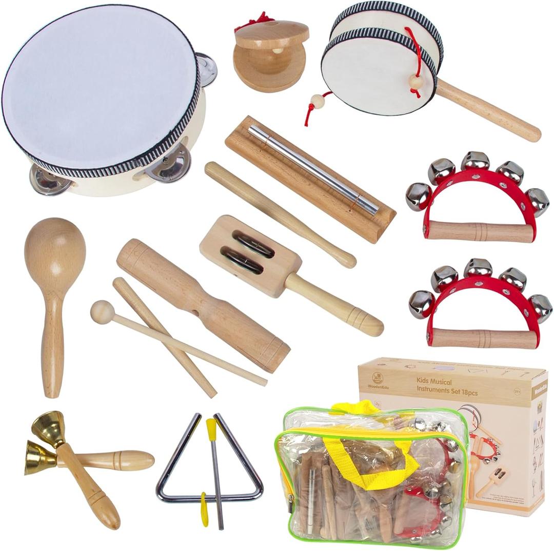 Wooden Musical Instruments Set for Toddlers 1-3, Natural Wood Percussion Instruments Xylophone Gift Set for Girls Boys Kids , Preschool Educational Musical Toys with Storage Bag (Log Color)