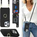 Lipvina for iPhone 15 Pro Case with Card Holder for Women,iPhone 15 Pro Phone Case with Strap,Crossbody Lanyard,RFID Blocking,Ring Stand,Snap Clasp,Cute Wallet Case 6.1 inch(Black)