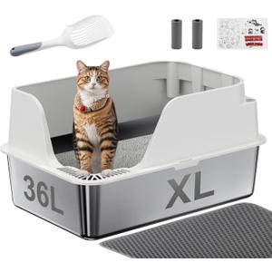 Non-Stick Stainless Steel Litter Box, XL Side Opening Splash-Proof & Leak-Proof Seamless Seal, Ellenpent Large Capacity, Cat Litter Box with Lid for Multi-Cats, Easy-Clean & Durable (White)