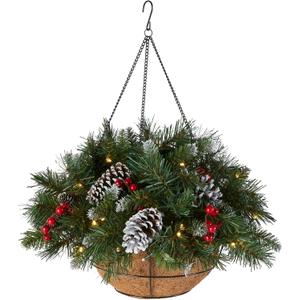 National Tree Company Pre-Lit Artificial Hanging Basket, , Decorated With Frosted Pine Cones, Berry Clusters, White LED Lights, Christmas Collection, 20 Inches