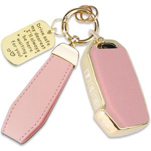 Soft TPU & Leather Key Fob Cover Compatible with Kia Sportage Stinger Telluride Carnival Cadenza Forte K5 Niro Rio Seltos Soul, with Keychain & Metal Blessing Tag (5 Button Pink)