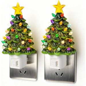 2 Pack Ceramic Christmas Tree Night Light,Vintage Decorative Xmas Tree Nightlight with Multicolor Bulbs, Christmas Gift for Bedroom Bathroom Decor (Green)