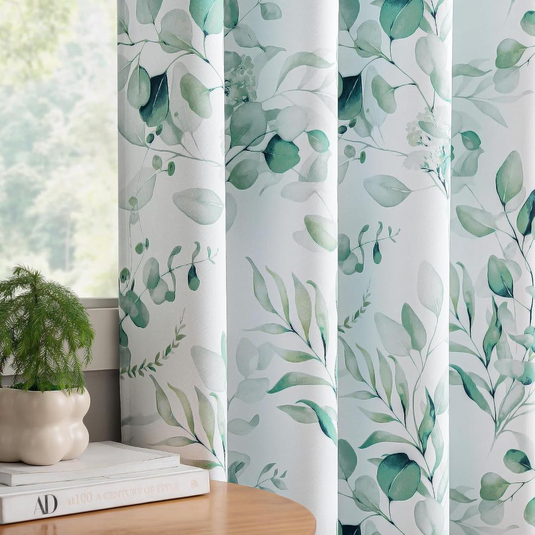 100% Blackout Curtains 84 Inches Long for Bedroom, Sage Green Floral Printed Curtains for Living Room Darkening Thermal Insulated Watercolor Patterned Drapes, Grommet Window Curtains 2 Panels