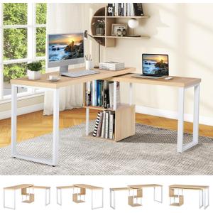 Computer Desk, 360 Rotating Corner L Shaped Table with Storage Shelves, Home Office Study Writing Workstation Space-Saving