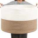 Foldable Laundry Hamper Basket with Collapsible Handle Cotton Rope Soft Woven Fabric Storage Organizer Clothes Toys Nursery Bedroom Dorm Space Saving Bin (White & Brown, 65L(19.7"D x 12.6"H))