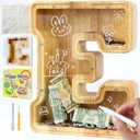 Large Letter Piggy Bank for Kids Boys Girls Wooden Personalized Piggy Banks A-Z with Target Area Clear Alphabet Banknote Coin Banks for Gift Decoration Baptism (E)