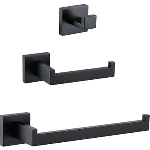 TURS Black 3-Piece Bathroom Towel Holder Set Stainless Steel Wall Mount Bath Hardware Set Toilet Paper Holder Towel Hook,Q7010BK