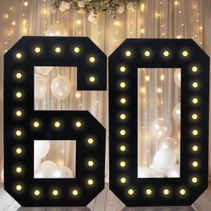 4FT Marquee Light Up Numbers, Black Giant Marquee Number Big Mosaic Number for 60th Birthday Party Decorations Backdrop 60 Anniversary Decor, Pre-Cut Frame Large Number 60