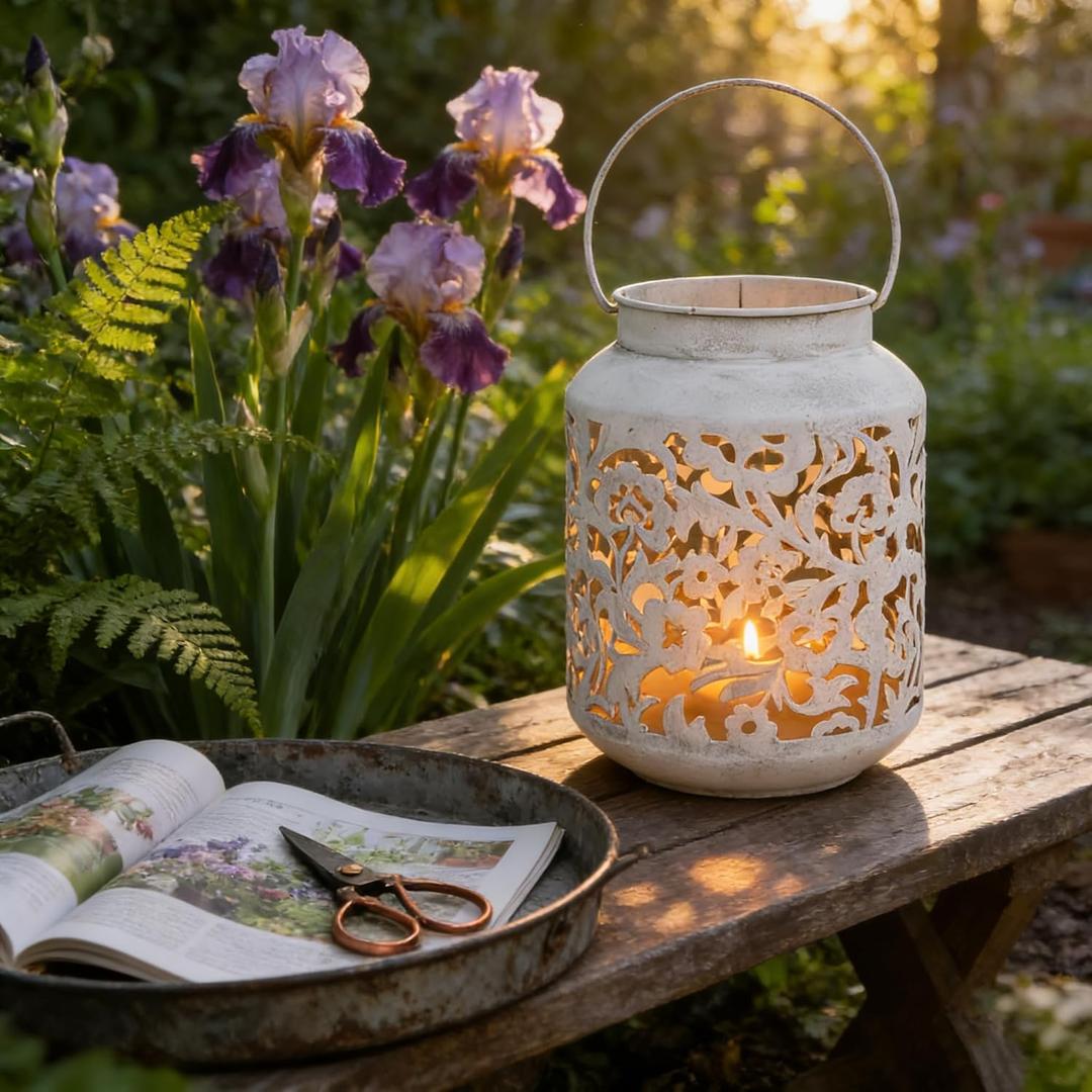Vintage Metal Candle Lanterns with Handle Rustic Distressed White Decorative Candle Holder with Floral Cut-Out Design for Home, Garden, Patio, Porch, Parties, Weddings Decor (White)
