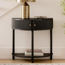 Fluted Half Moon Shaped Console Table, Small Entry Desk with Storage for Narrow Spaces, Modern Boho Decor, Living Room Furniture, Solid Wood Entryway Table with Two Doors & Brass Knobs (Black)