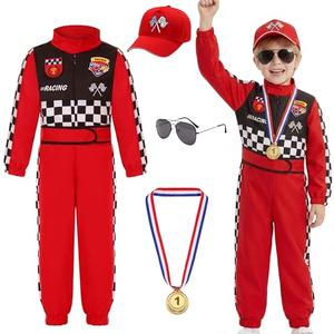 Simplecc Race Car Driver Costume for Boys Racer Jumpsuit with Car Cap for Halloween Dress Up(5-6 Years) Red