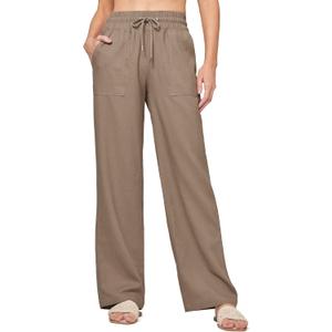 Willit Women Linen Pants Wide Leg Casual Palazzo Pants Cotton Linen Lounge Beach Summer Pants with Pockets 29"/31"/ 33" (Large, Deep Khaki)