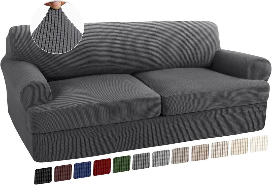 Turquoize 3 Piece T Cushion Sofa Slipcovers Stretch Couch Cover Furniture Covers with 2 Individual T Cushion Covers, Machine Washable (2 Cushion Sofa, Gray)