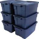Rubbermaid Roughneck Tote 3 Gal, 6 Pack, Made in USA, Dark Indigo Metallic, Rugged Plastic Stackable Storage Bins with Lids and Handles