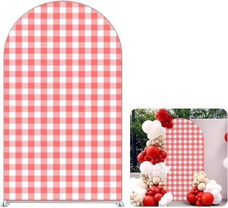 FiVan Gingham Checkered Pattern Arch Backdrop Cover Curved Top Arch Stand Stretchy Spandex Cover for Wedding Birthday Baby Shower Party Decoration (Red&White,6X2.6FT)