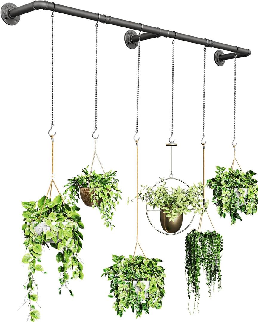 Plant Hanger Indoor, Hanging Planters Rod for Indoor Plants with 6 Hanging Chains, Wall Plant Hanging Rod for Window Ceiling, 65.7 Inch, Metal/Black, Pots Not Included (65''-1 Pack)