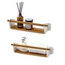 THYOI Set of 2 Acacia Wood Floating Wall Shelves, 40x10cm Wall Mounted Storage Shelf, Hanging Organizer Shelf for Kitchen, Bathroom, Living Room.(Natural Color, White Metal Guardrail)