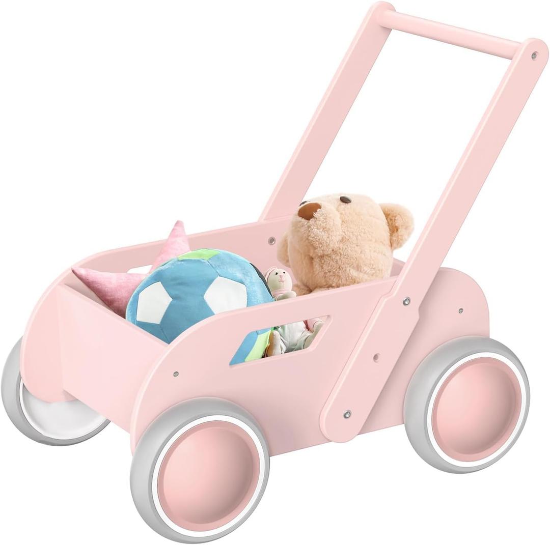 HOMEKOL Wooden Baby Walker,Baby Push Walker, Adjustable Speed Baby Walker for Boys and Girls, Baby Activity Center, Gift for Birthday, Christmas and New Year Pink
