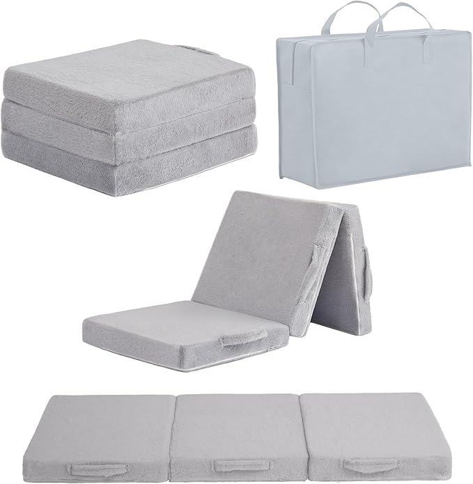 Foldable Floor Mattress for Kids, Toddler Washable Tri Folding Floor Nap Mat for Sleeping Daycare, Child Trifold Futon Sofa Bed with Storage Bag for Girls and Boys (Grey)