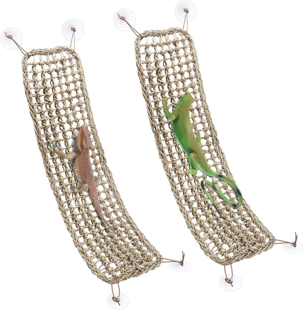 Silkfly 2 Pieces Bearded Dragon Hammock Lizard Reptile Climbing Lounger Seagrass Fiber Habitat Tank Accessories Jungle Toys for Hermit Crab Gecko Snake Iguana Amphibian
